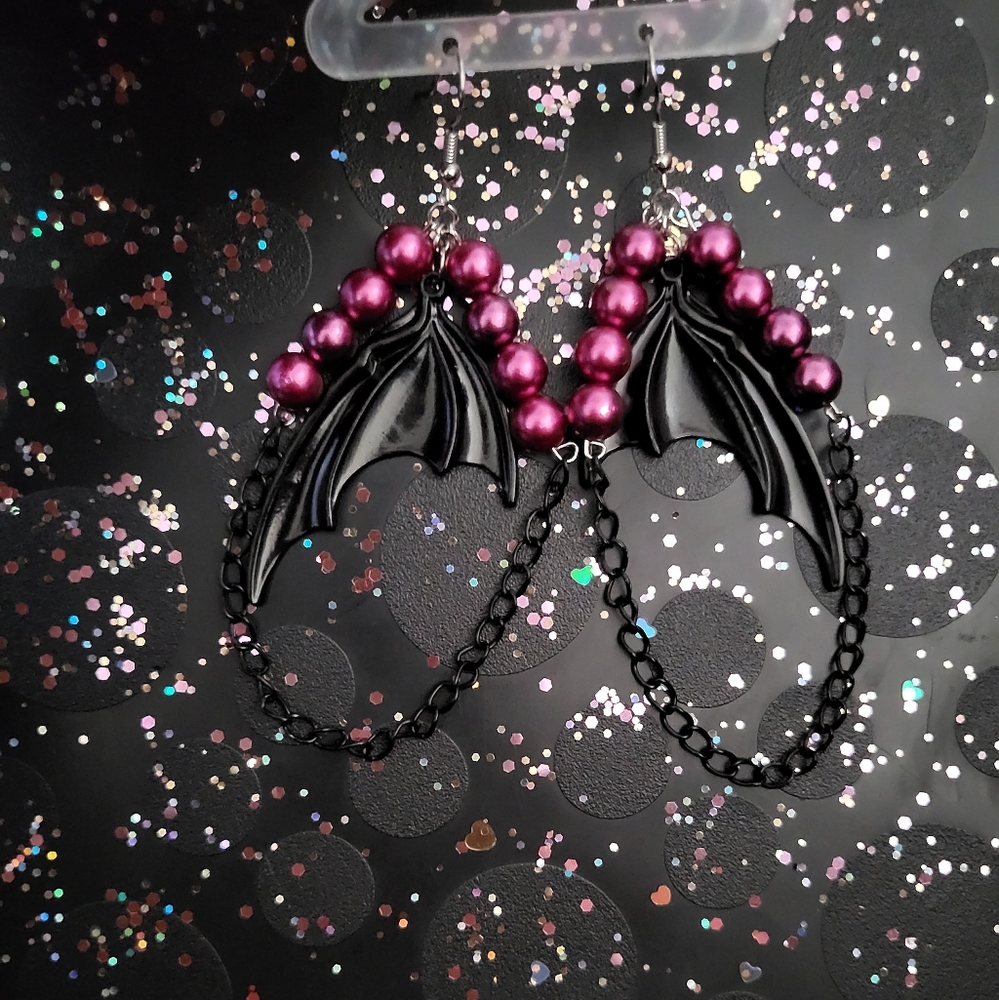 Gothic Black and Purple Bat Wing Earrings